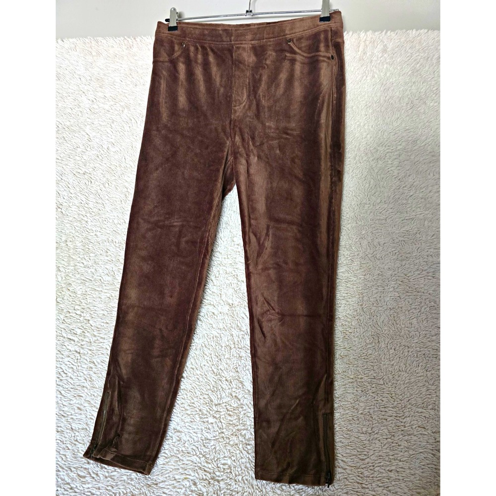 Susan Graver Women's Brown Corduroy Straight Leg Pull On Pants Pockets Zip